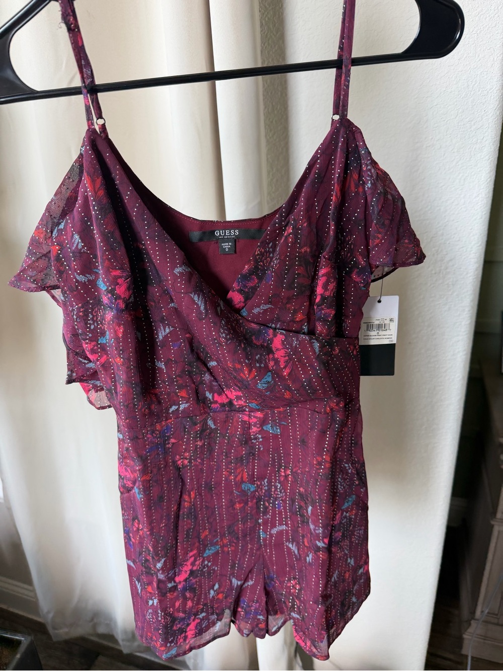 GUESS Burgundy Floral Mini Romper with Metallic Pinstripes size 0 New